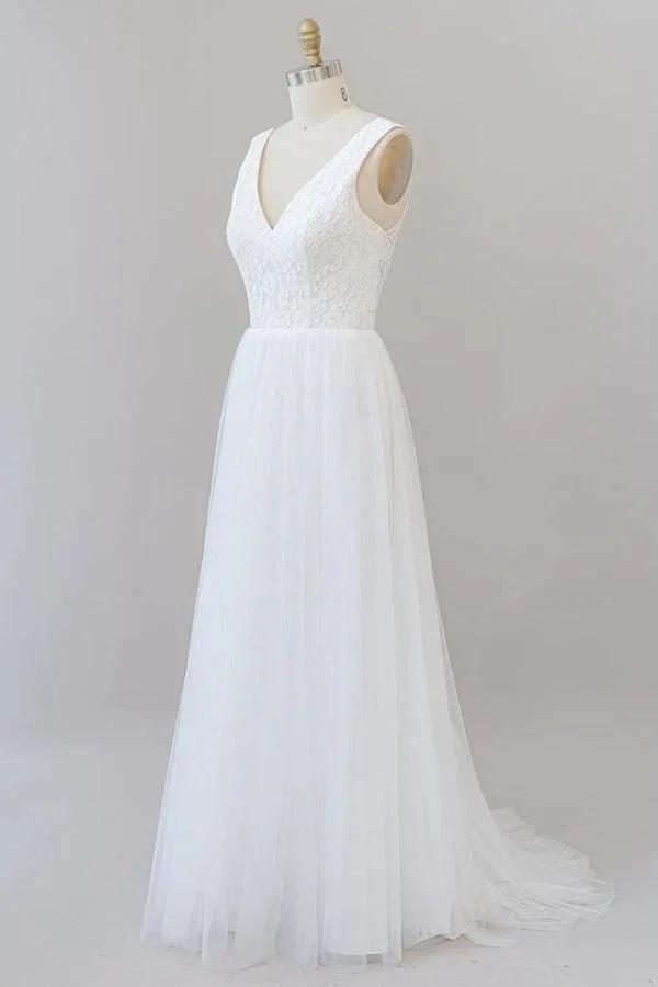Long A-line Open Back V-neck Lace Tulle Wedding Dress (ZD14377)