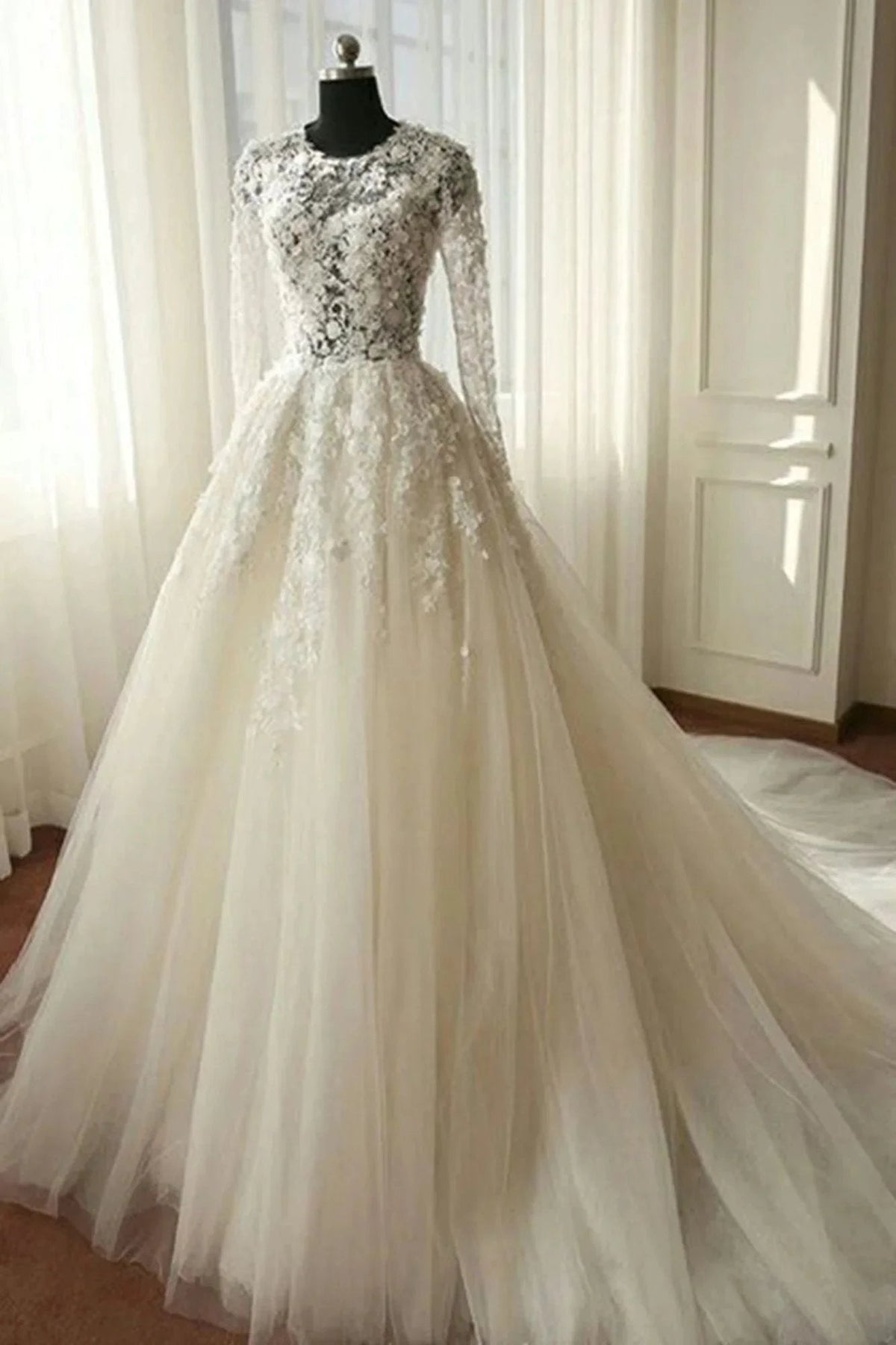 Long A-line Organza Lace Wedding Dresses with Sleeves (ZD15833)