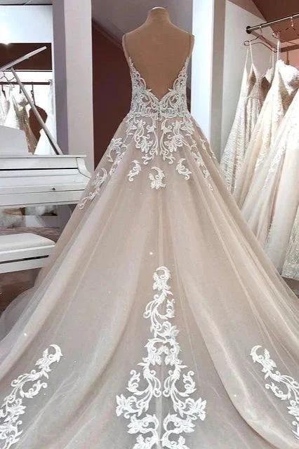 Long A-Line Sequin Tulle Spaghetti Straps Appliques Lace Wedding Dress (ZD15229)