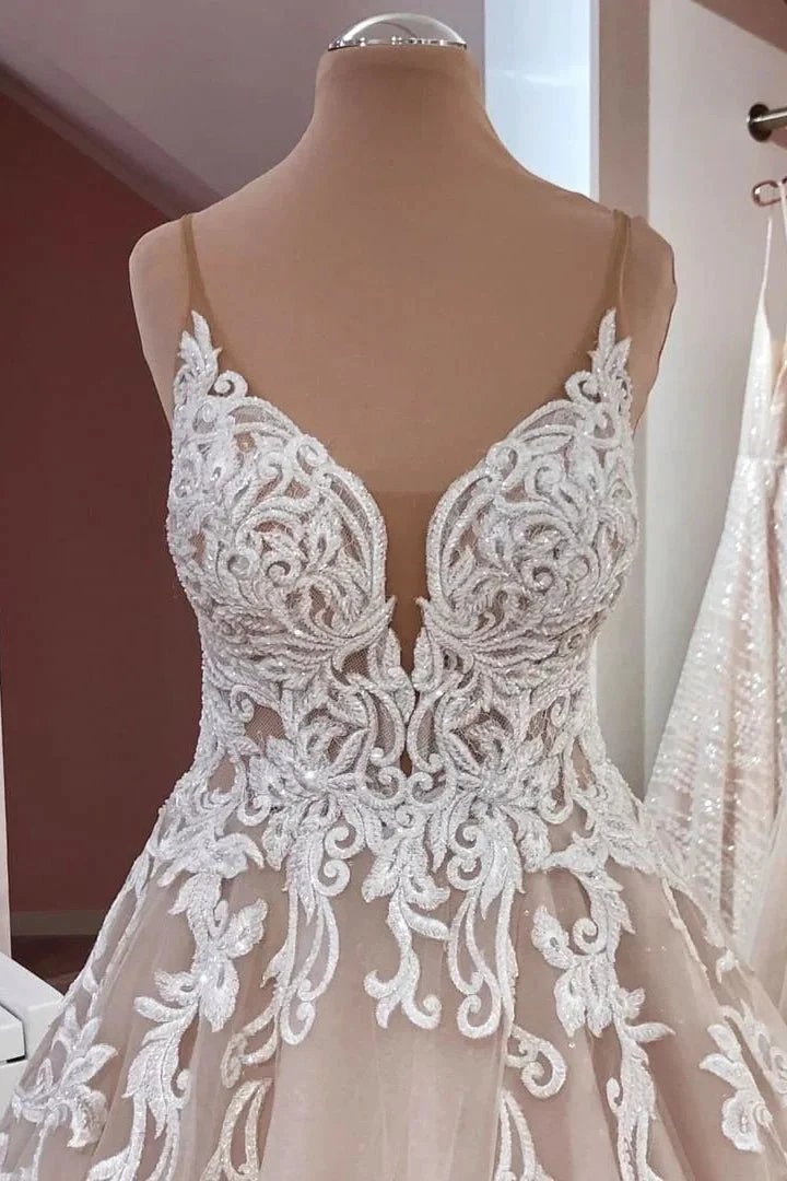 Long A-Line Sequin Tulle Spaghetti Straps Appliques Lace Wedding Dress (ZD15229)