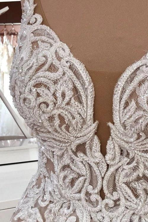 Long A-Line Sequin Tulle Spaghetti Straps Appliques Lace Wedding Dress (ZD15229)