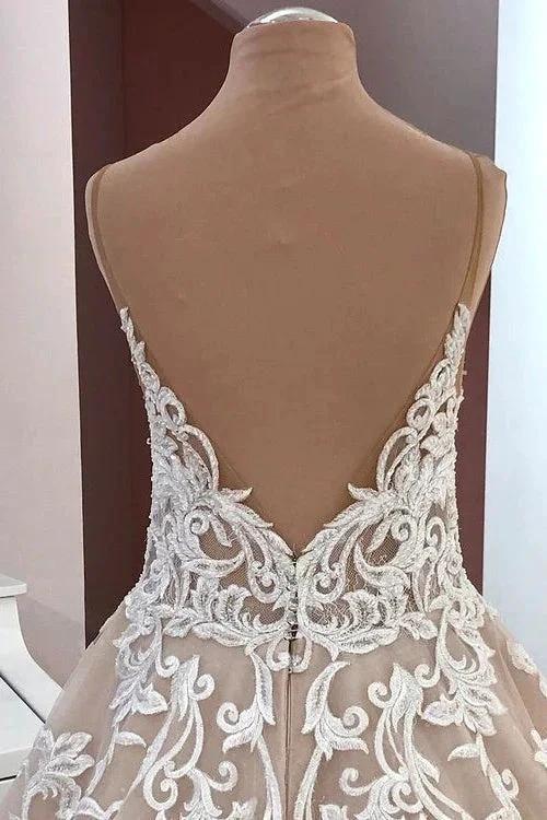 Long A-Line Sequin Tulle Spaghetti Straps Appliques Lace Wedding Dress (ZD15229)