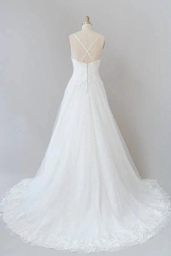 Long A-line Spaghetti Strap Applique Tulle Backless Wedding Dress (ZD14388)