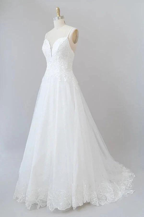 Long A-line Spaghetti Strap Applique Tulle Backless Wedding Dress (ZD14388)