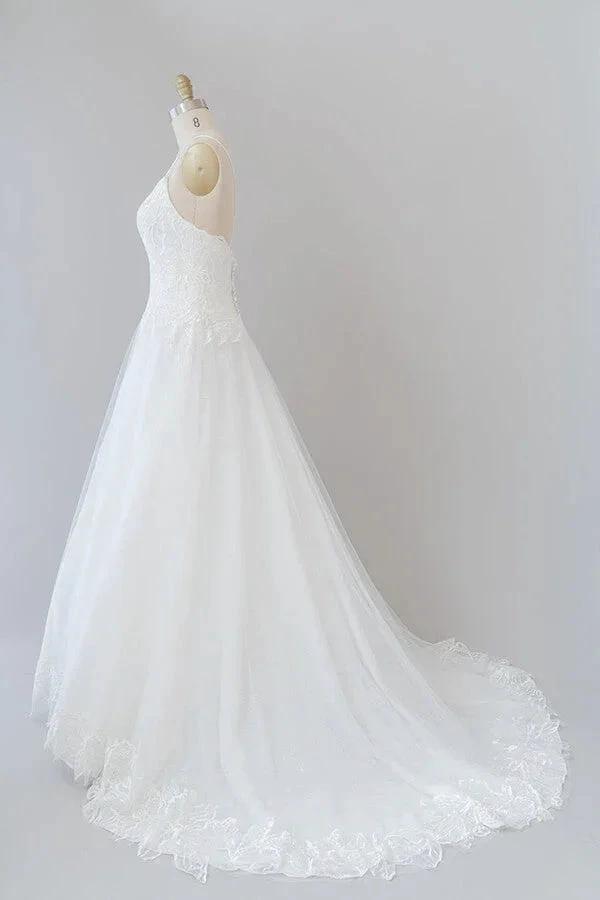 Long A-line Spaghetti Strap Applique Tulle Backless Wedding Dress (ZD14388)