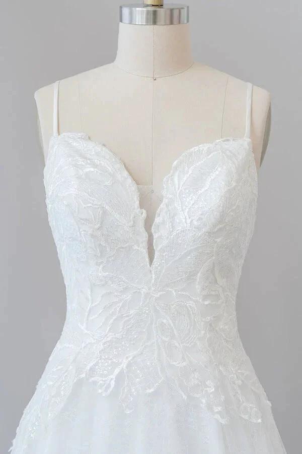 Long A-line Spaghetti Strap Applique Tulle Backless Wedding Dress (ZD14388)