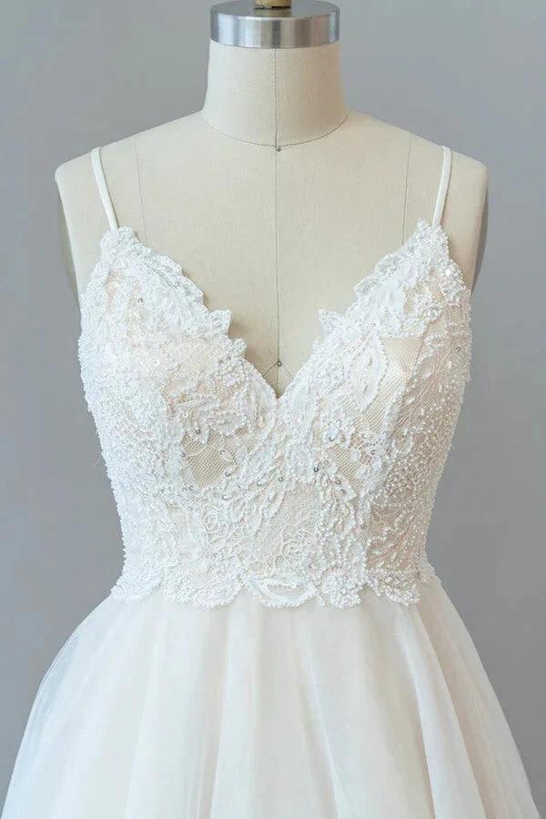 Long A-line Spaghetti Strap Lace Tulle Backless Wedding Dress (ZD14410)