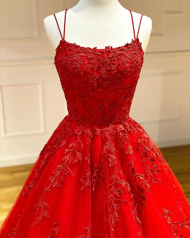 Long A-Line Spaghetti Straps Lace Tulle Open Back Prom Dress - View 2 | VelvetHem