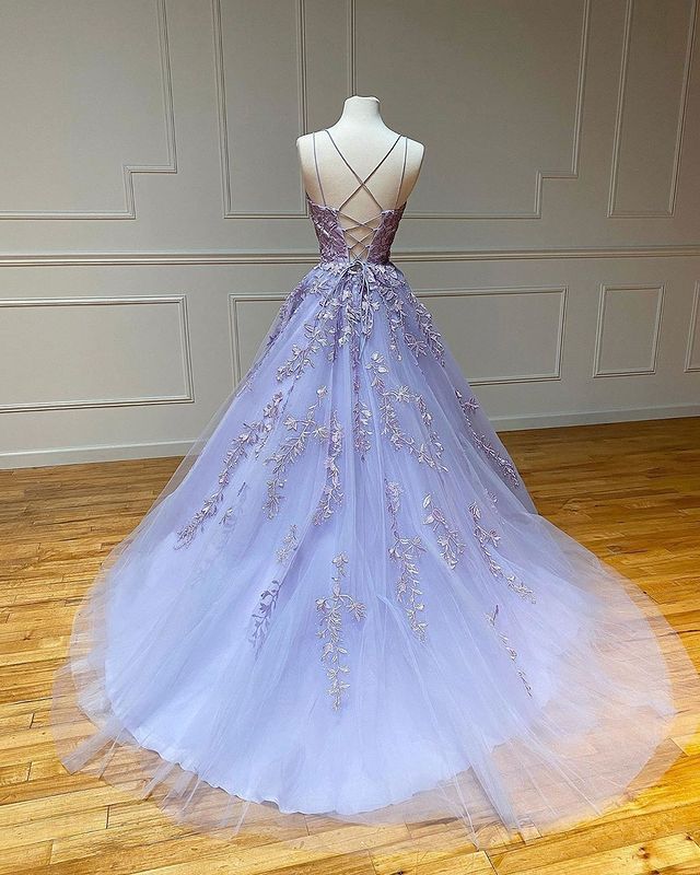 Long A-Line Spaghetti Straps Lace Tulle Open Back Prom Dress - View 6 | VelvetHem