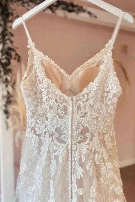 Long A-Line Spaghetti Straps Sweetheart Appliques Lace Tulle Wedding Dress (ZD15210)