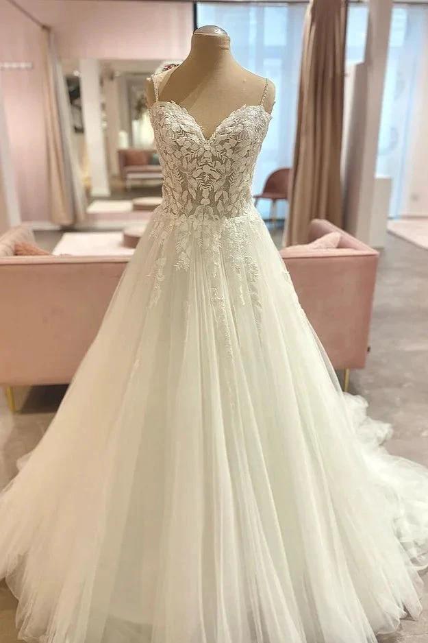 Long A-Line Spaghetti Straps Sweetheart Floral Lace Tulle Wedding Dress (ZD15222)