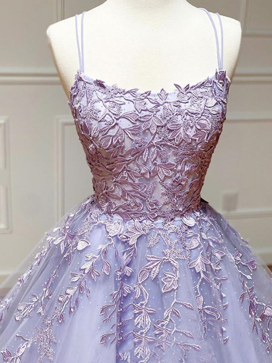 Long A-line Strapless Backless Tulle Lace Formal Graduation Prom Dresses - View 2 | VelvetHem