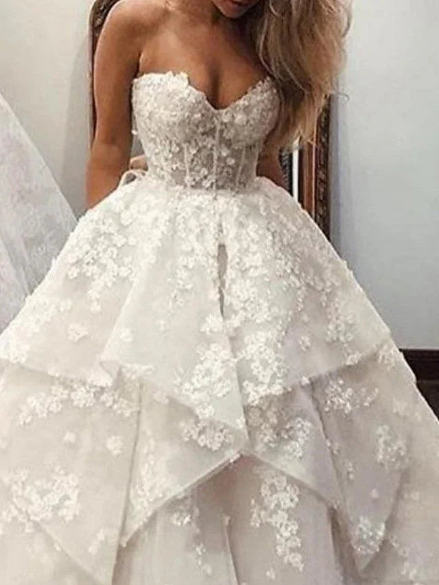 Long A-Line Strapless Sweep Brush Train Lace Tulle Wedding Dresses (ZD15938)
