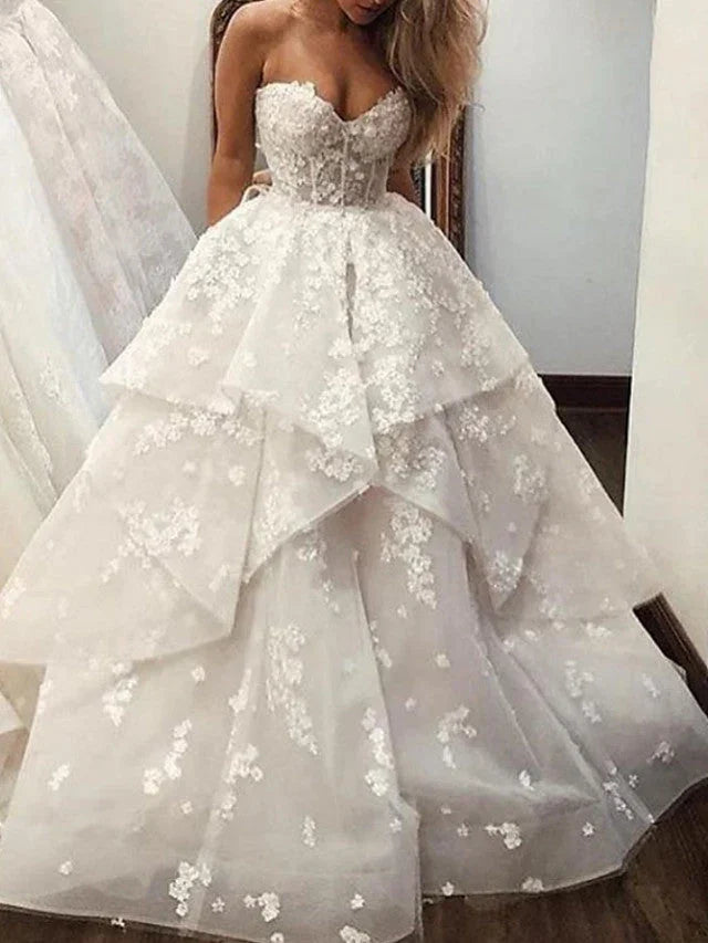 Long A-Line Strapless Sweep Brush Train Lace Tulle Wedding Dresses (ZD15938)