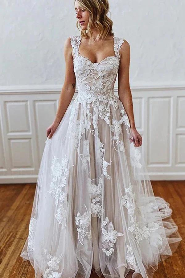 Long A-line Straps Sweetheart Appliques Lace Tulle Backless Wedding Dress (ZD14995)