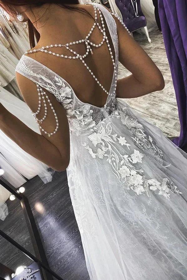 Long A-line Straps V-neck Appliques Pearls Backless Wedding Dress (ZD14998)
