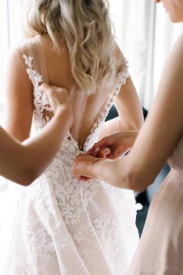 Long A-line Straps V-neck Floral Beads Tulle Backless Wedding Dress (ZD15996)