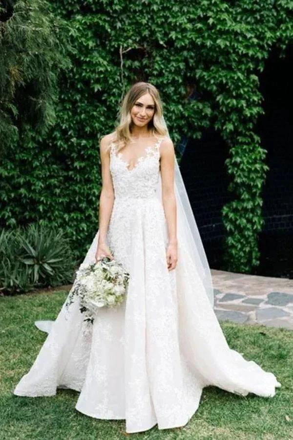 Long A-line Straps V-neck Floral Beads Tulle Backless Wedding Dress (ZD15996)