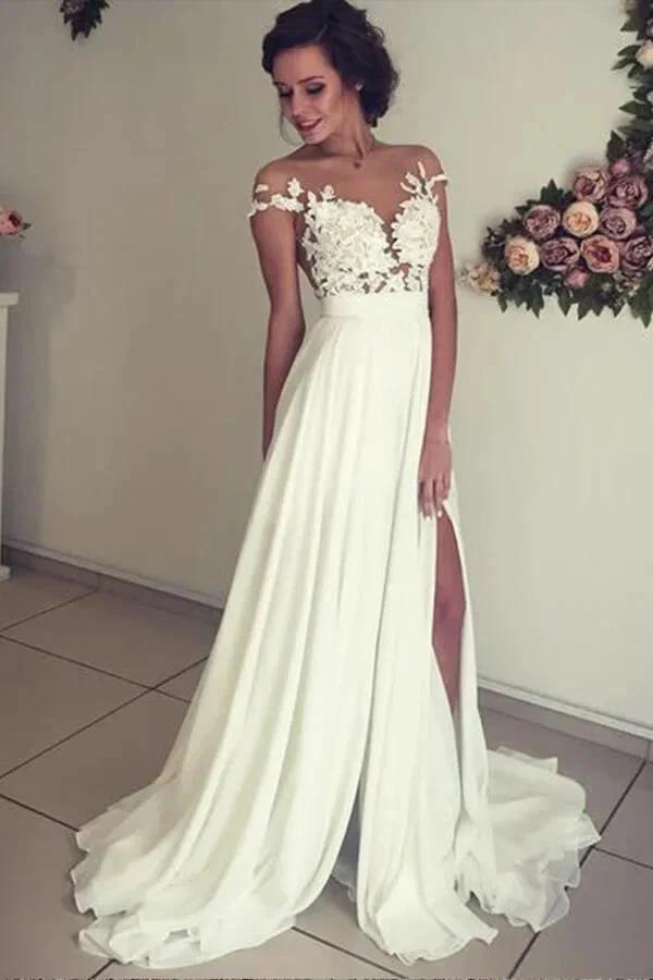 Long A-line Sweetheart Appliques Lace Chiffon Wedding Dress with Slit (ZD15785)