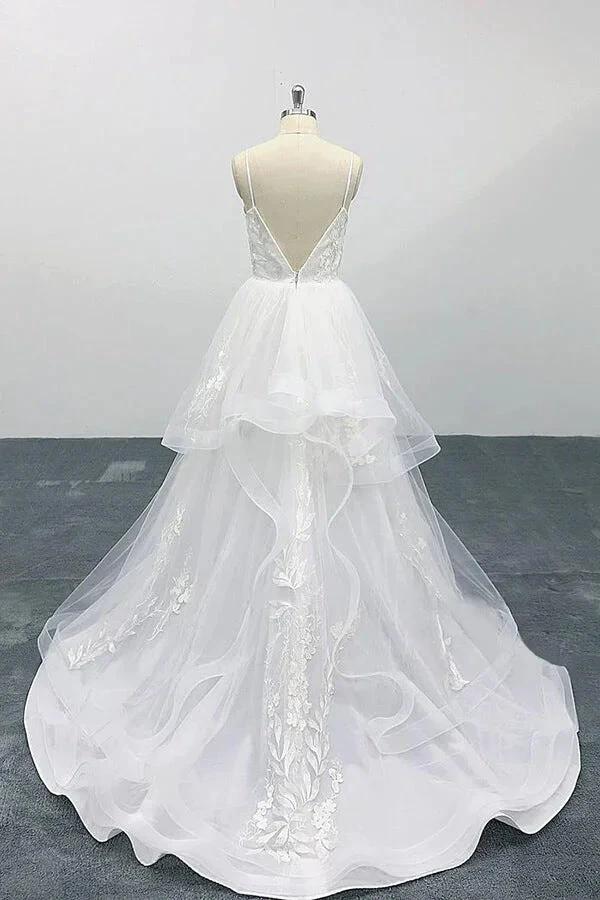 Long A-line Sweetheart Appliques Spaghetti Strap Tulle Wedding Dress (ZD15790)