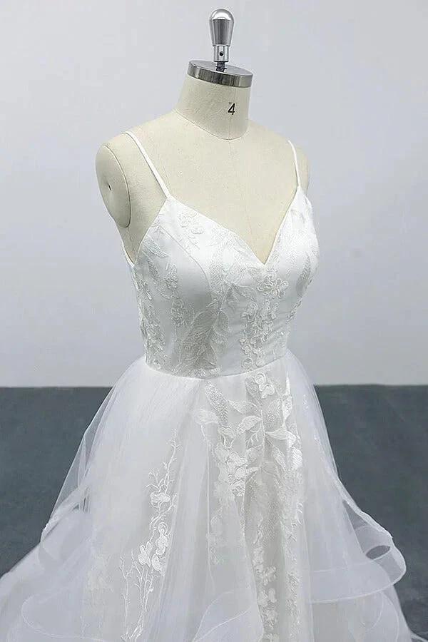 Long A-line Sweetheart Appliques Spaghetti Strap Tulle Wedding Dress (ZD15790)