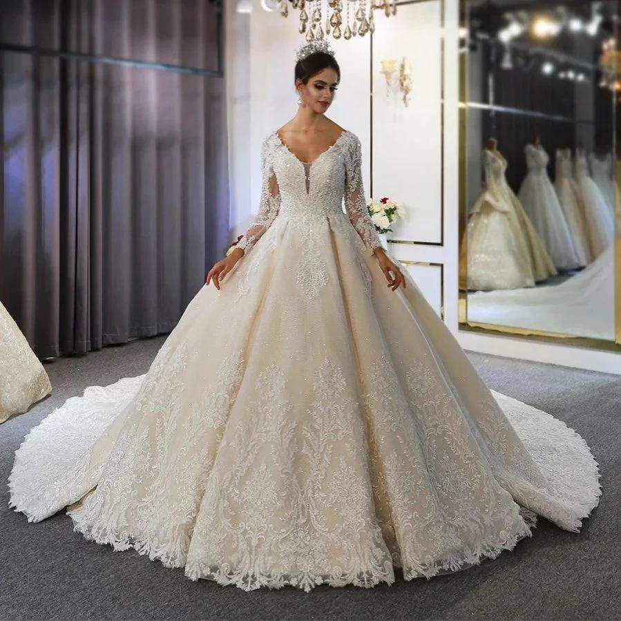 Long A-Line Sweetheart Backless Appliques Lace Sequins Wedding Dress with Sleeves (ZD15099) - View 2 | VelvetHem