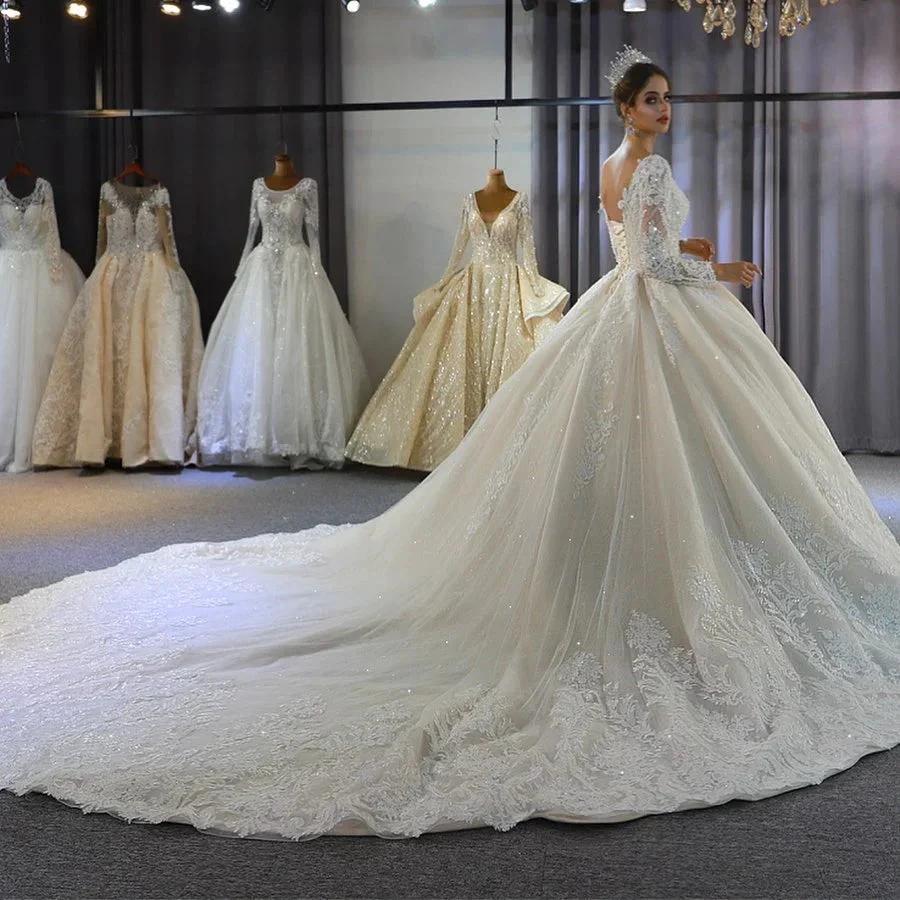 Long A-Line Sweetheart Backless Appliques Lace Sequins Wedding Dress with Sleeves (ZD15099)