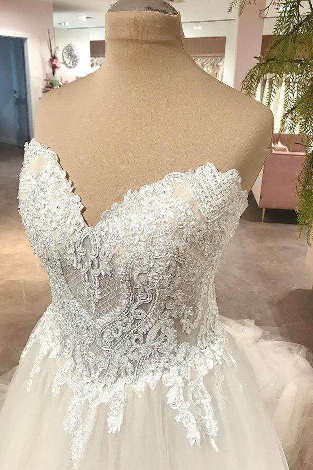 Long A-Line Sweetheart Backless Tulle Appliques Lace Wedding Dress (ZD15225)