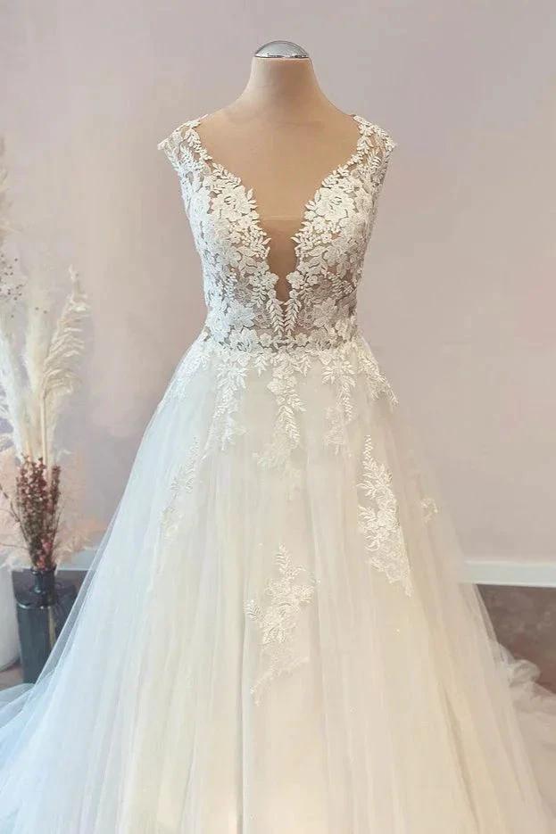Long A-Line Sweetheart Floral Lace Tulle Wedding Dress (ZD15214)