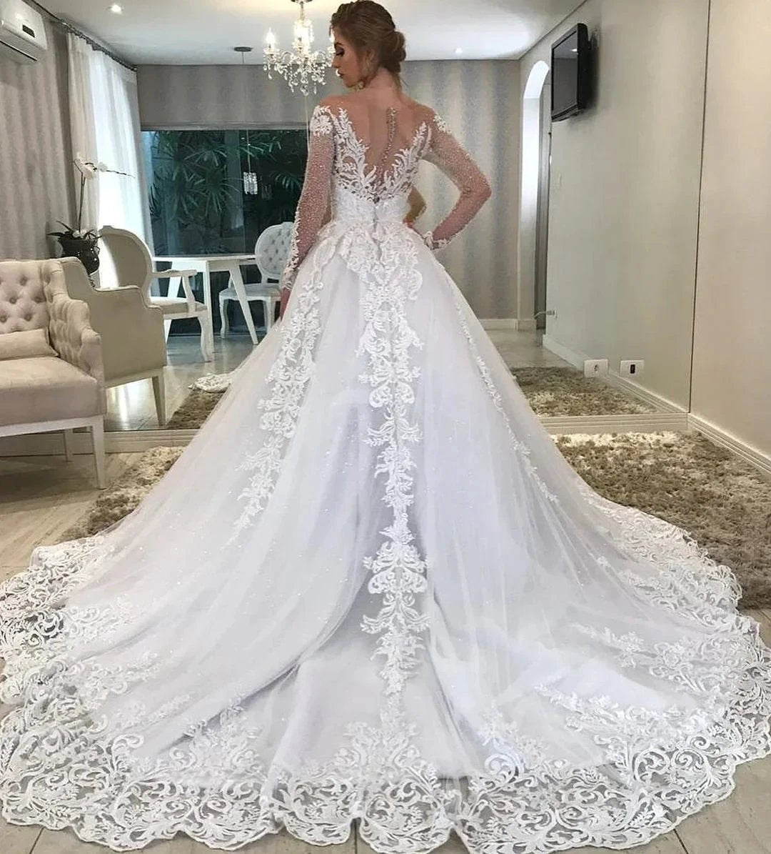 Long A-Line Sweetheart Off-the-Shoulder Appliques Lace Sequins Wedding Dress with Sleeves (ZD15080)