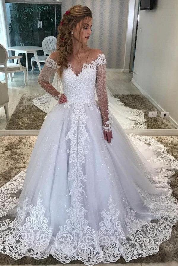 Long A-Line Sweetheart Off-the-Shoulder Appliques Lace Sequins Wedding Dress with Sleeves (ZD15080)