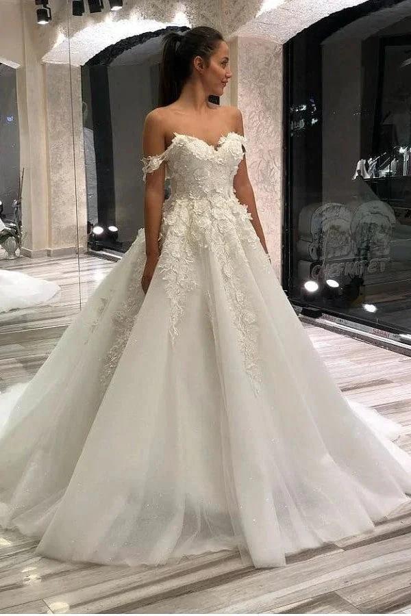 Long A-Line Sweetheart Off-the-Shoulder Appliques Lace Tulle Wedding Dress (ZD15088)