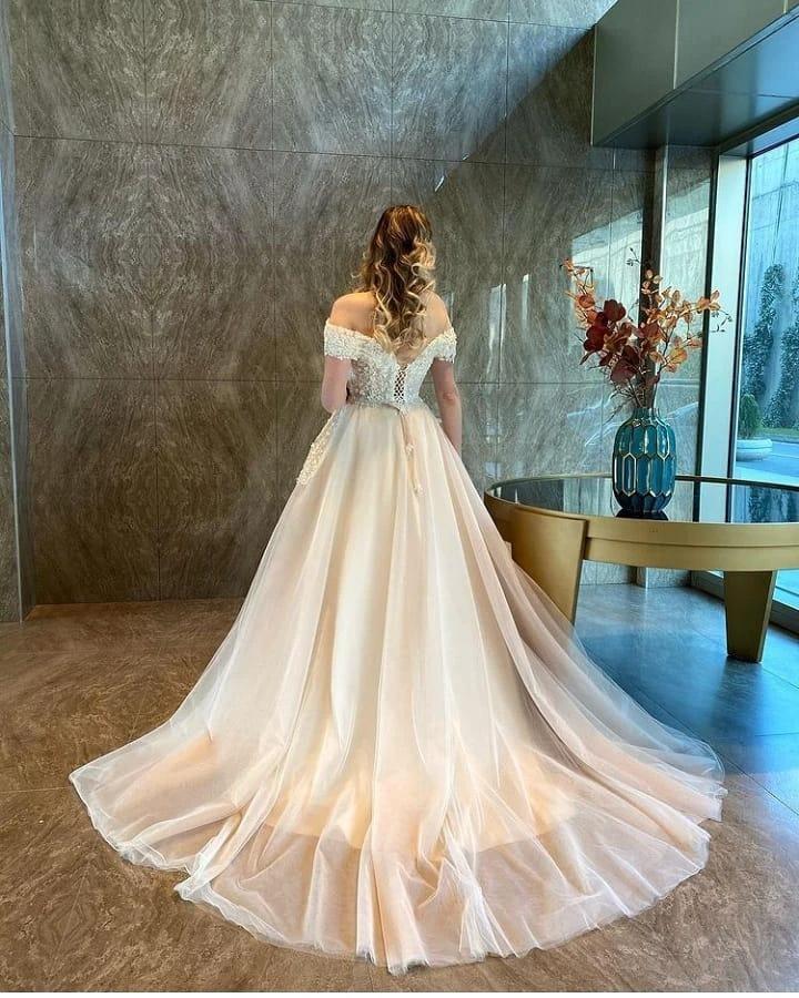 Long A-Line Sweetheart Off-the-Shoulder Backless Tulle Appliques Lace Wedding Dress (ZD15055) - View 2 | VelvetHem