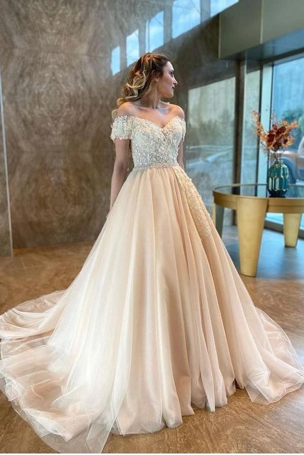 Long A-Line Sweetheart Off-the-Shoulder Backless Tulle Appliques Lace Wedding Dress (ZD15055)