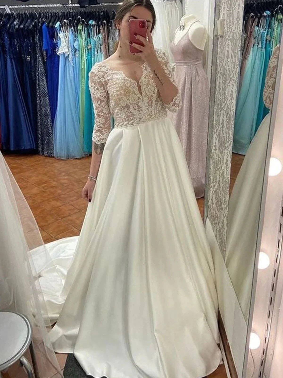Long A-line Sweetheart Satin Lace Wedding Dress with Sleeves Ivory Bridal Gowns (ZD16757) - VelvetHem