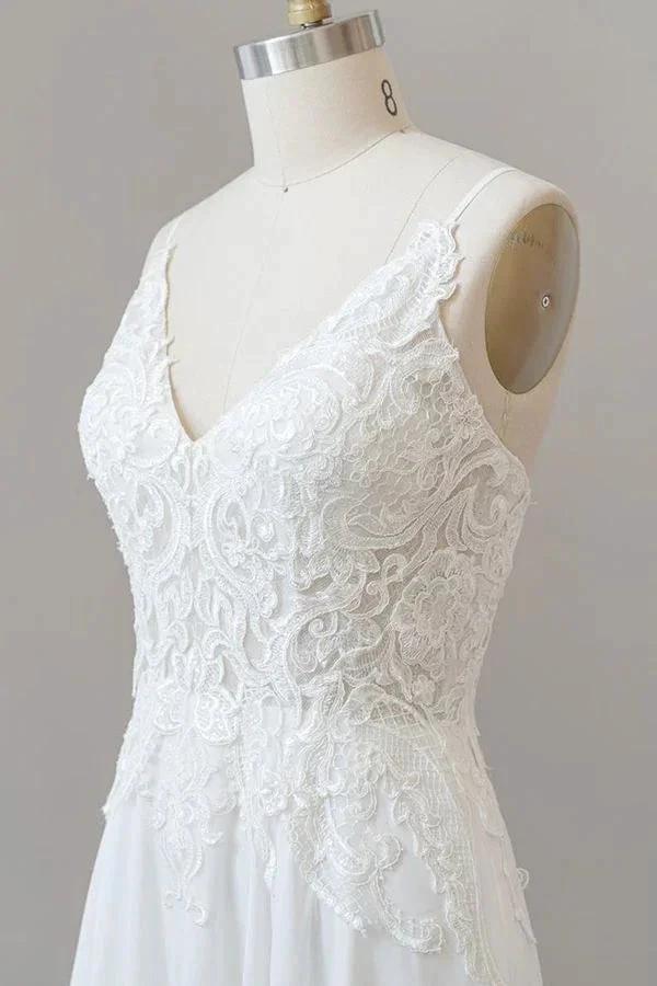 Long A-line Sweetheart Spaghetti Strap Appliques Chiffon Wedding Dress (ZD15779)