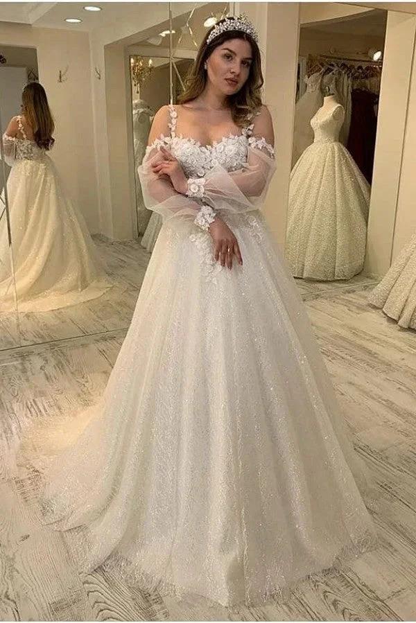 Long A-line Sweetheart Spaghetti Straps Gliiter Wedding Dress with Sleeves (ZD15144)