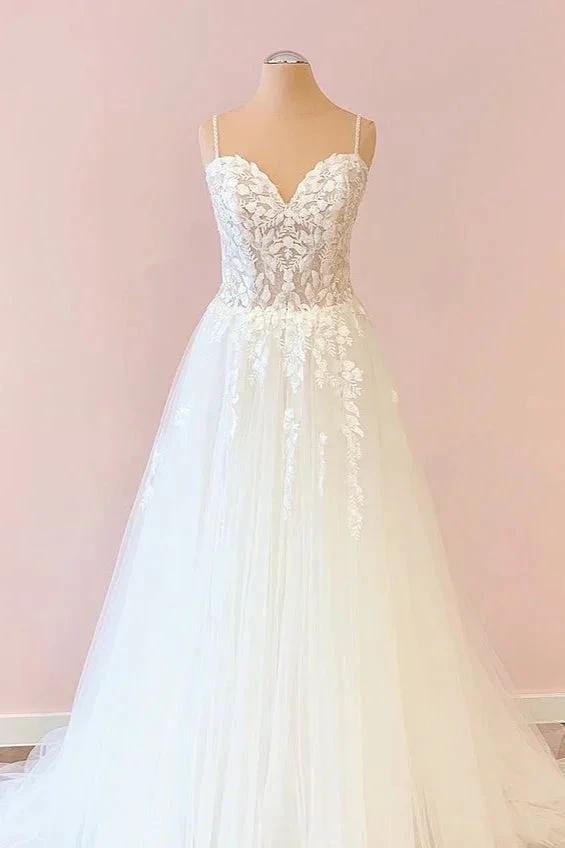 Long A-Line Sweetheart Tulle Appliques Lace Wedding Dress (ZD15234) - VelvetHem