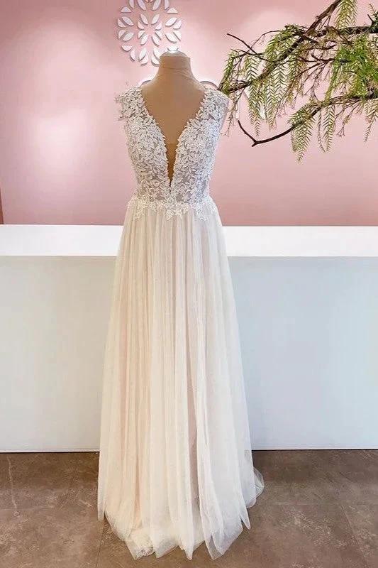 Long A-Line Sweetheart Tulle Backless Wedding Dress With Floral Lace (ZD15242)