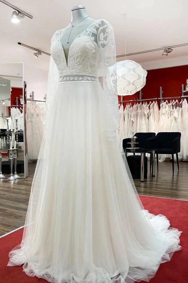 Long A-line Sweetheart Tulle Beadings Lace Appliques Wedding Dresses With Sleeves (ZD15266)