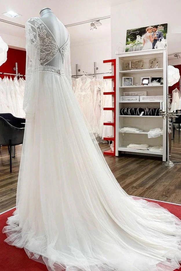 Long A-line Sweetheart Tulle Beadings Lace Appliques Wedding Dresses With Sleeves (ZD15266)