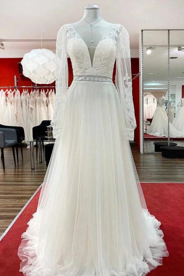 Long A-line Sweetheart Tulle Beadings Lace Appliques Wedding Dresses With Sleeves (ZD15266)
