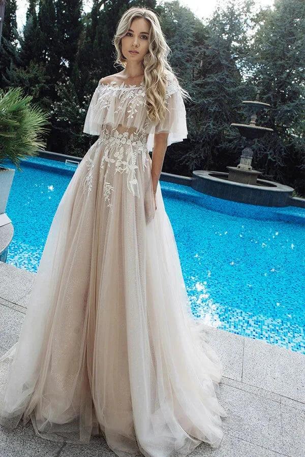 Long A-line Tulle Appliques Lace Off-the-shoulder Wedding Dress (ZD16688)