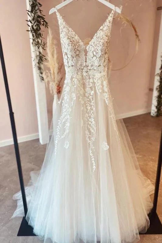 Long A-Line Tulle Appliques Lace Spaghetti Straps V-neck Backless Wedding Dress (ZD15208)