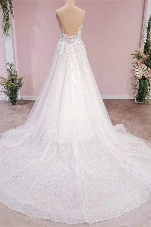 Long A-Line Tulle Backless Appliques Lace Sweetheart Wedding Dress (ZD15228)
