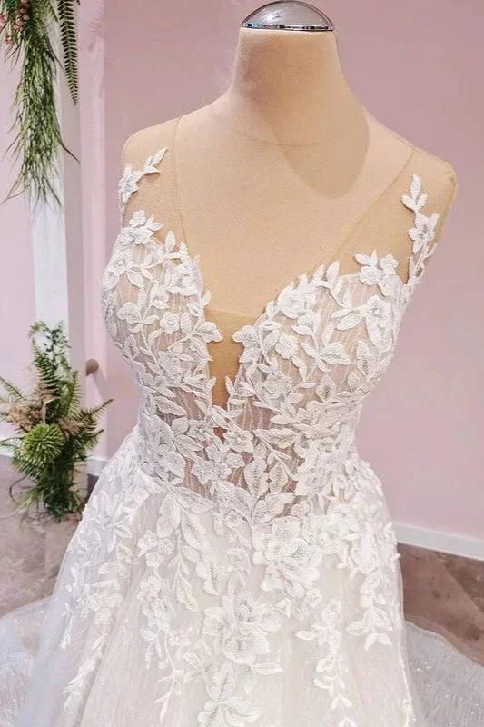 Long A-Line Tulle Backless Appliques Lace Sweetheart Wedding Dress (ZD15228)