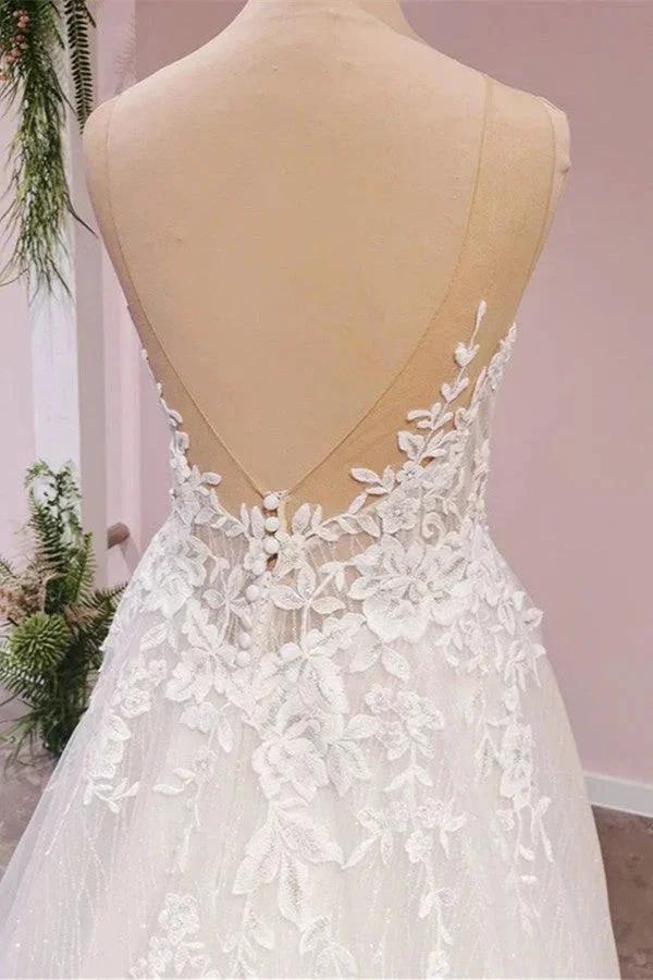 Long A-Line Tulle Backless Appliques Lace Sweetheart Wedding Dress (ZD15228)