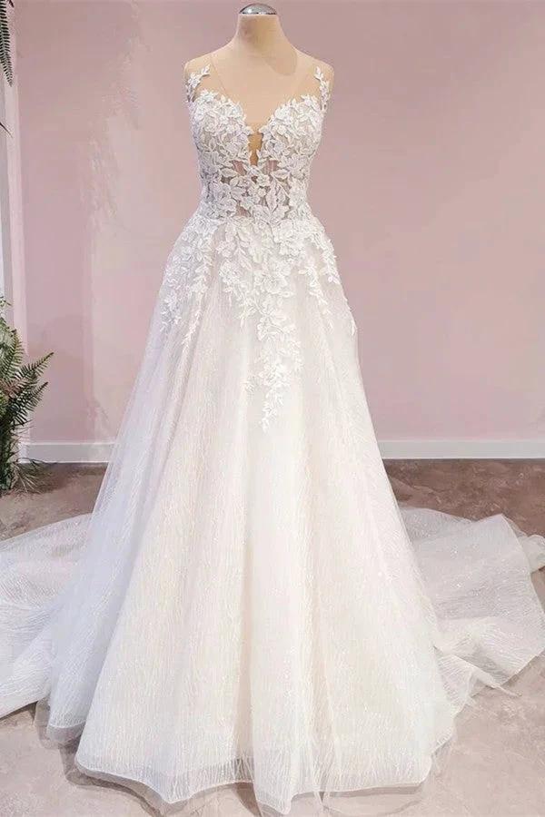 Long A-Line Tulle Backless Appliques Lace Sweetheart Wedding Dress (ZD15228)