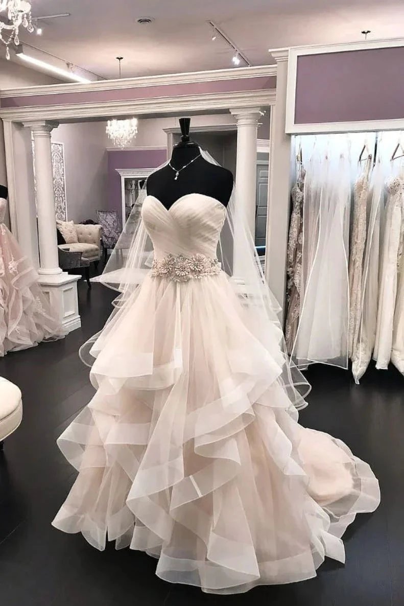 Long A-line Tulle Beaded Waistline Sweetheart Wedding Dress (ZD15815)