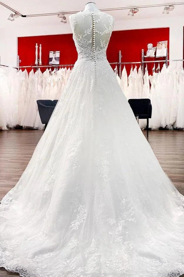 Long A-line Tulle Jewel Lace Appliques Wedding Dresses (ZD15254)